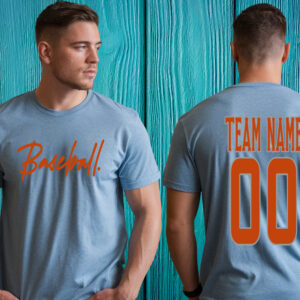 Front and back view of blue custom baseball t shirt with script baseball design on front and team name and number on back, being worn by a man.