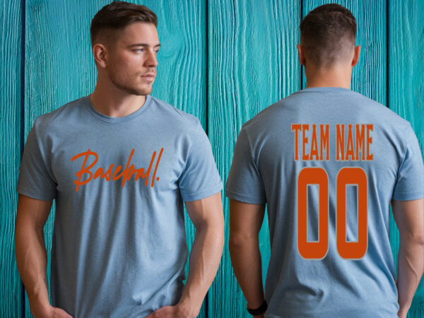 Front and back view of blue custom baseball t shirt with script baseball design on front and team name and number on back, being worn by a man.