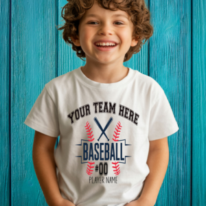 Smiling young boy wearing a customizable white baseball team t-shirt with bats and ball design, standing against a bright blue wooden background.