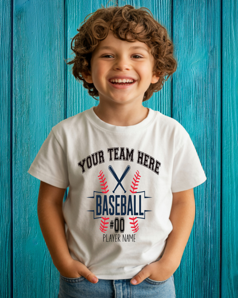 Smiling young boy wearing a customizable white baseball team t-shirt with bats and ball design, standing against a bright blue wooden background.