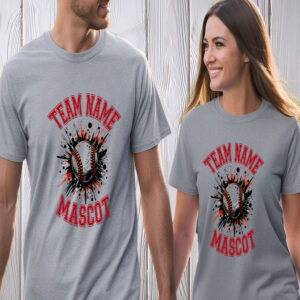 Couple wearing matching gray custom baseball team name mascot t-shirts with bold red lettering and baseball splash graphic design