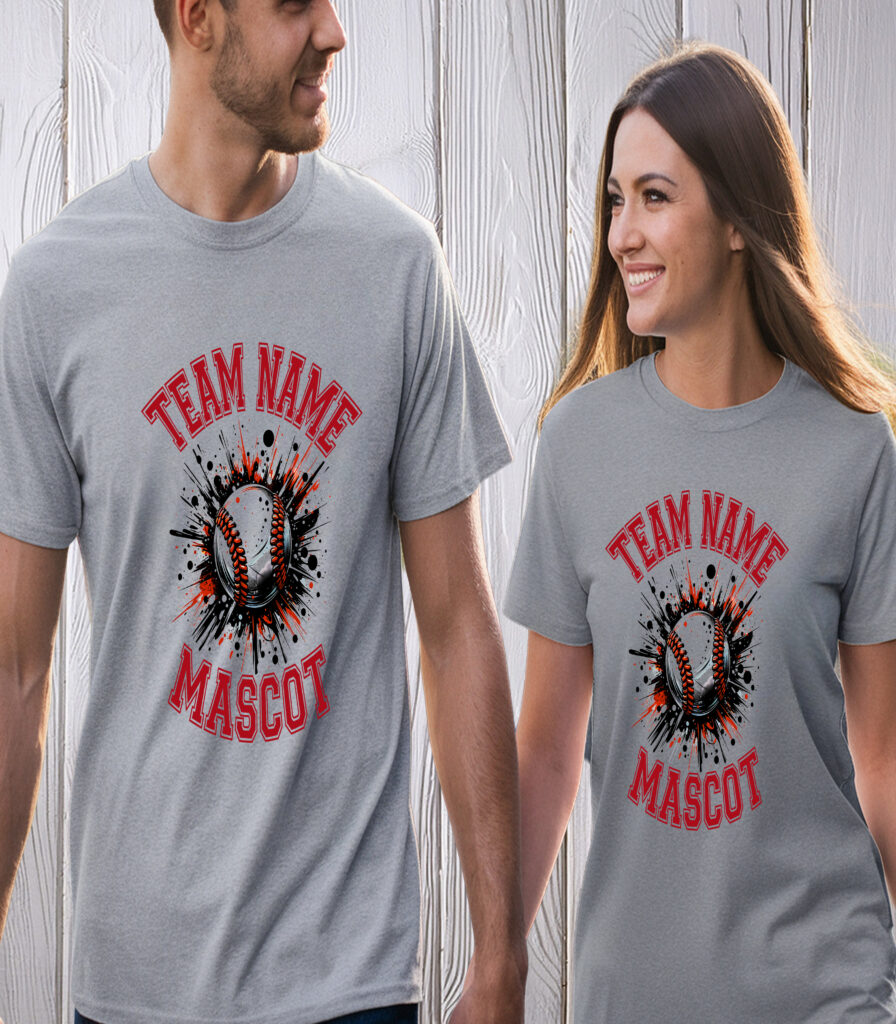 Couple wearing matching gray custom baseball team name mascot t-shirts with bold red lettering and baseball splash graphic design
