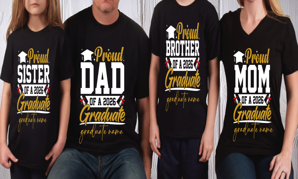 Family wearing matching black “Proud Family of a 2026 Graduate” shirts including proud mom, dad, brother, and sister designs with graduation cap graphics and customizable graduate name — personalized graduation celebration apparel