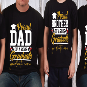 Family wearing matching black “Proud Family of a 2026 Graduate” shirts including proud mom, dad, brother, and sister designs with graduation cap graphics and customizable graduate name — personalized graduation celebration apparel