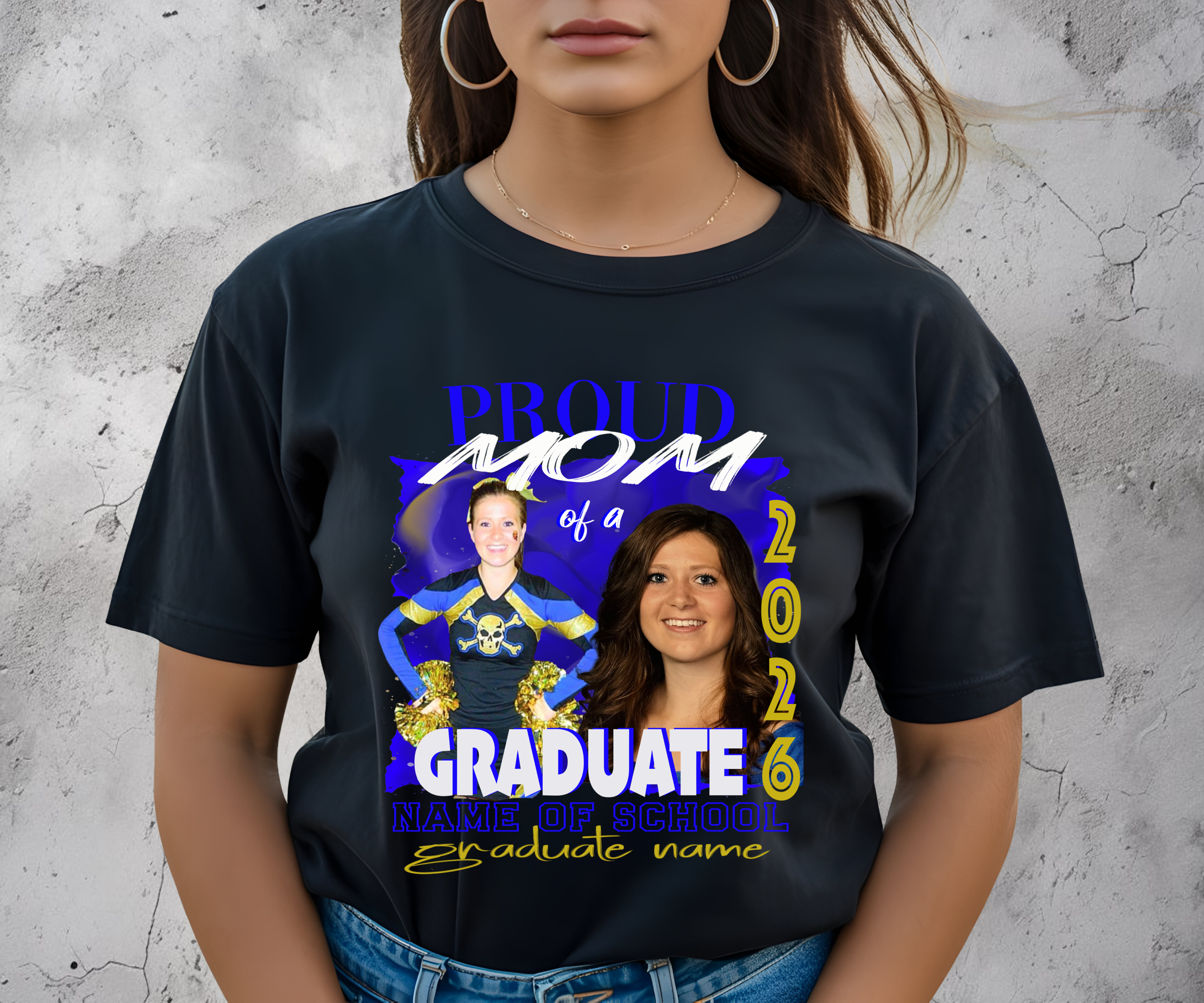 Customized black t shirt with a graduation theme on a woman. With the wording "Proud Mom of a Graduate" showing a way to personalize with the customers relation to the graduate, in this case Mom. A way to add the customers school name and graduate name.