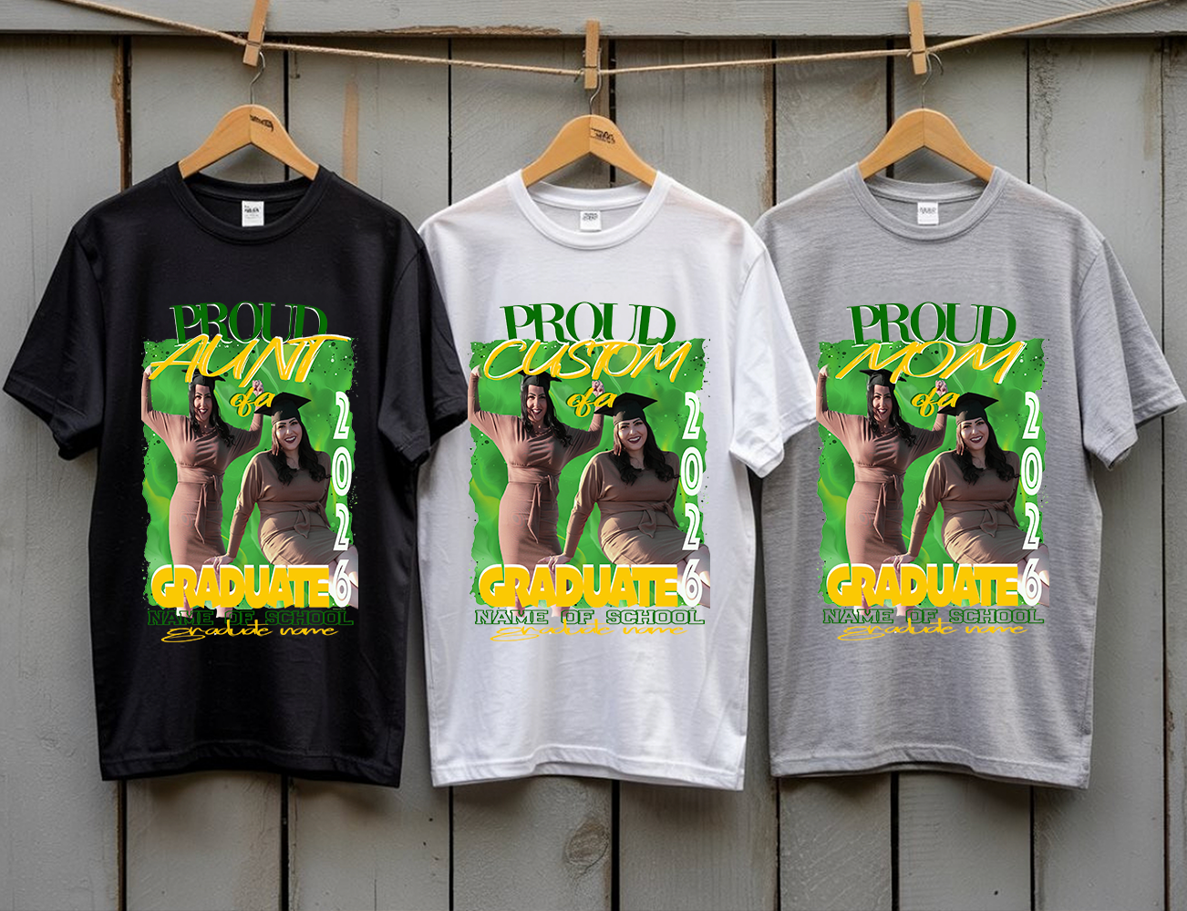 3 shirts, Black, Gray and White. Each shirt has an image with a graduate's pictures, with the wording "Proud Custom of a Graduate", showing a way to personalize these shirts. There is a also a text area for the school name and graduate name.
