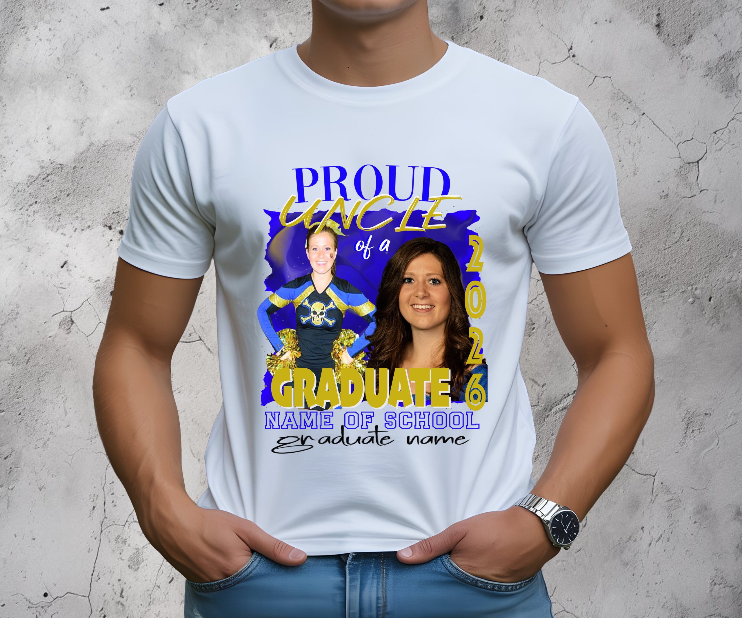 Customized White t shirt with a graduation theme on a man. With the wording "Proud Uncle of a Graduate" showing a way to personalize with the customers relation to the graduate, in this case Uncle. A way to add the customers school name and graduate name.