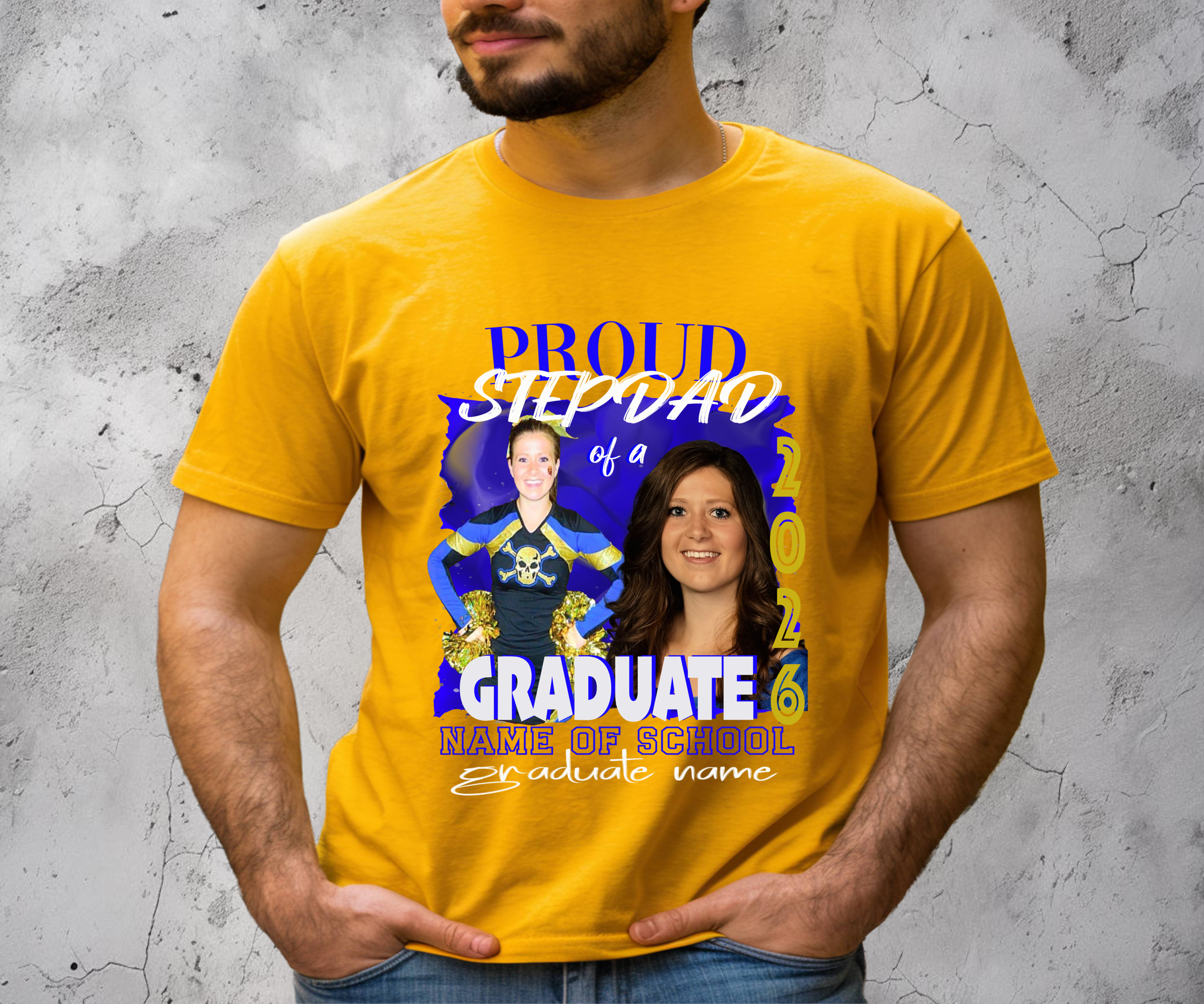 Customized Yellow t shirt with a graduation theme on a man. With the wording "Proud Uncle of a Graduate" showing a way to personalize with the customers relation to the graduate, in this case Uncle. A way to add the customers school name and graduate name.