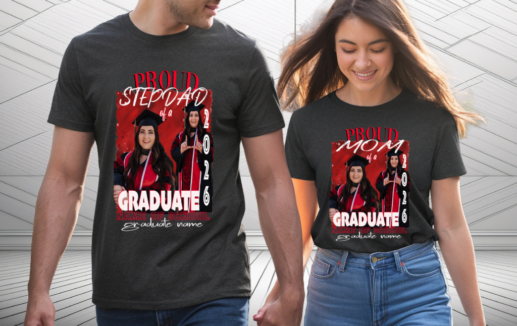 Man and Woman holding hands, wearing charcoal colored custom proud family of a graduate 2026 red and black theme celebration and party t shirt
