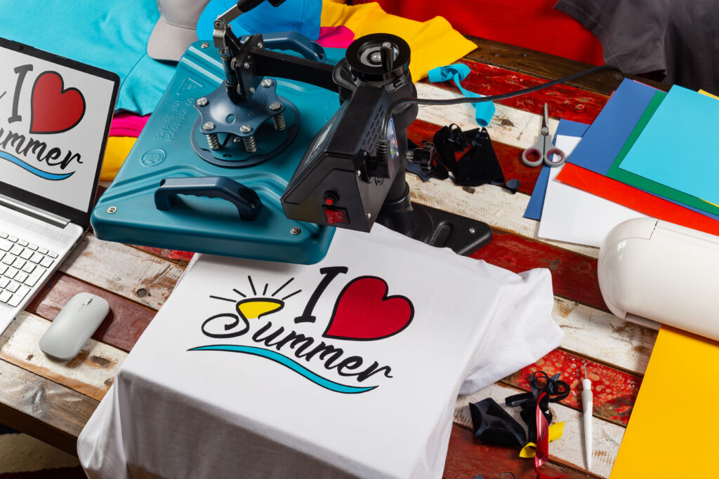 Heat Press setup ready to press a white t shirt that says I heart Summer with a sun. 