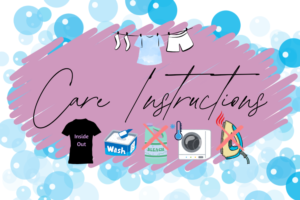 Laundry care instructions graphic showing symbols for washing inside out, no bleach, low heat drying, and no ironing.