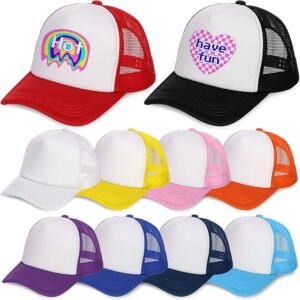 Assorted blank trucker hats with mesh backs in various colors, including red, black, yellow, pink, orange, blue, and purple, shown with optional printed designs.