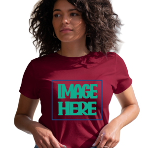 Woman wearing a maroon custom t‑shirt with placeholder text “Image Here,” showcasing personalized apparel design
