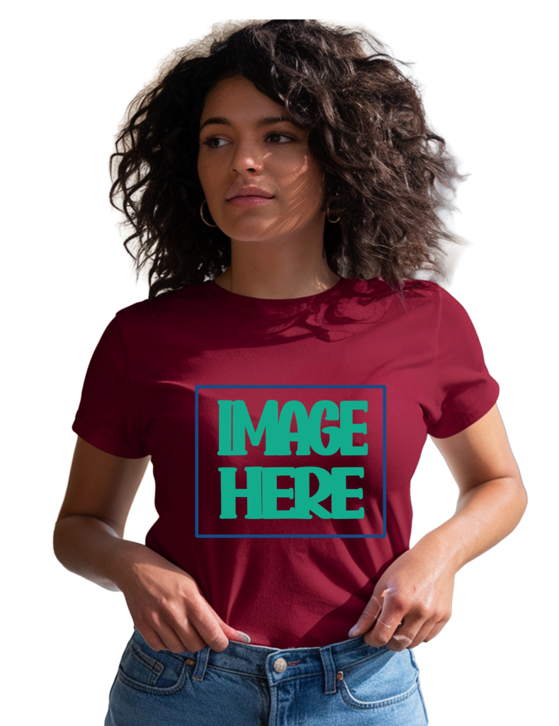 Woman wearing a maroon custom t‑shirt with placeholder text “Image Here,” showcasing personalized apparel design