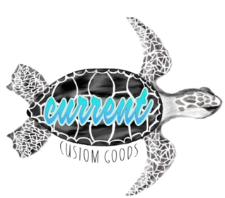 Current Custom Logo with a hand drawn, custom sea turtle with current horizontal center of the turtle and custom goods wrapped underneath