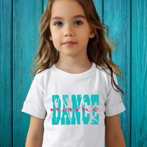 Young Girl wearing a white dance t-shirt with bold turquoise varsity “DANCE” lettering featuring dancer silhouettes and the dancer's name in script, styled wearing in front of a teal fence.