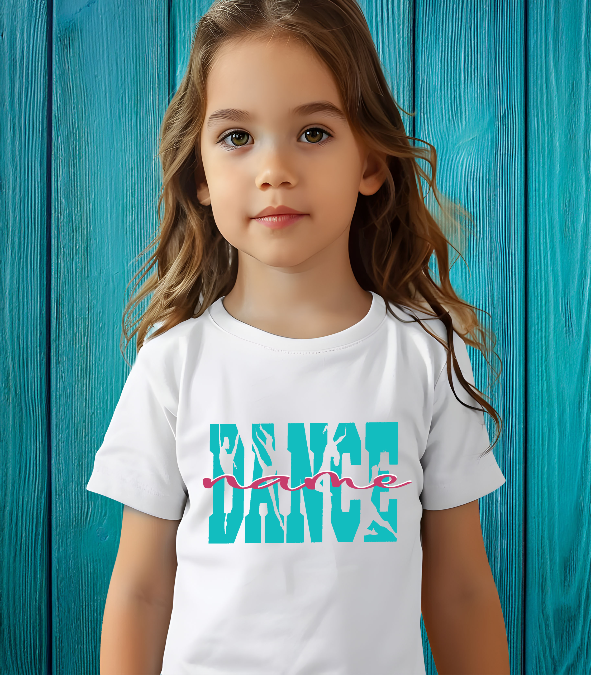 Young Girl wearing a white dance t-shirt with bold turquoise varsity “DANCE” lettering featuring dancer silhouettes and the dancer's name in script, styled wearing in front of a teal fence.