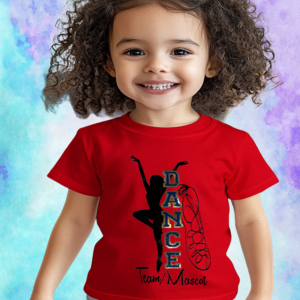 Smiling toddler girl wearing red kids' t-shirt with vertical varsity "DANCE" letters, black dancer silhouette, ballet shoe, and customizable Team/Mascot text graphic