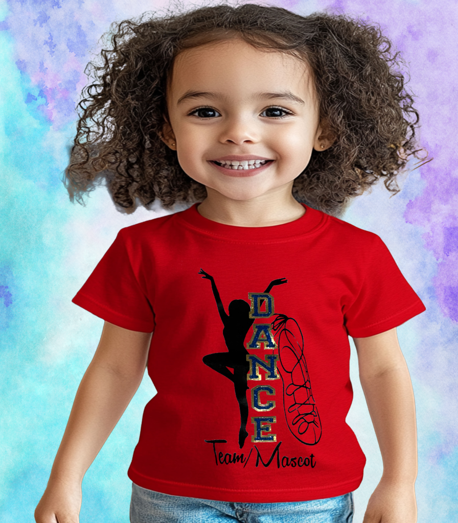 Smiling toddler girl wearing red kids' t-shirt with vertical varsity "DANCE" letters, black dancer silhouette, ballet shoe, and customizable Team/Mascot text graphic