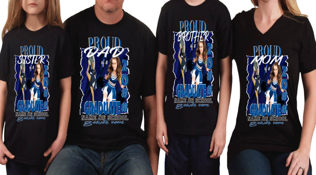 Custom black family graduation t-shirt set worn by models showing Proud Sister, Proud Dad, Proud Brother, and Proud Mom styles with navy blue and white cheerleader graduate graphic design, personalized with school name and graduate name