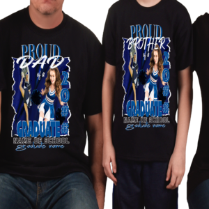 Custom black family graduation t-shirt set worn by models showing Proud Sister, Proud Dad, Proud Brother, and Proud Mom styles with navy blue and white cheerleader graduate graphic design, personalized with school name and graduate name