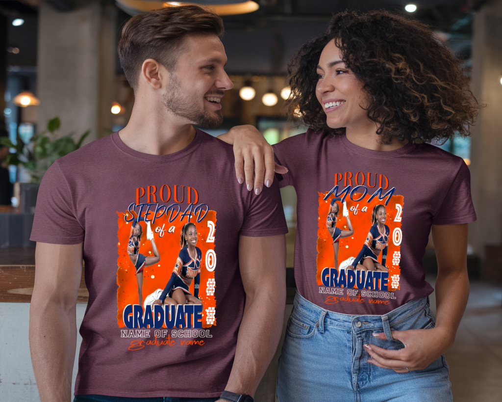 Custom white family graduation t-shirt set showing Proud Mom, and Proud Stepdad styles with Orange cheerleader graduate graphic design, personalized with school name and graduate name