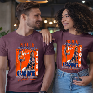 Custom white family graduation t-shirt set showing Proud Mom, and Proud Stepdad styles with Orange cheerleader graduate graphic design, personalized with school name and graduate name