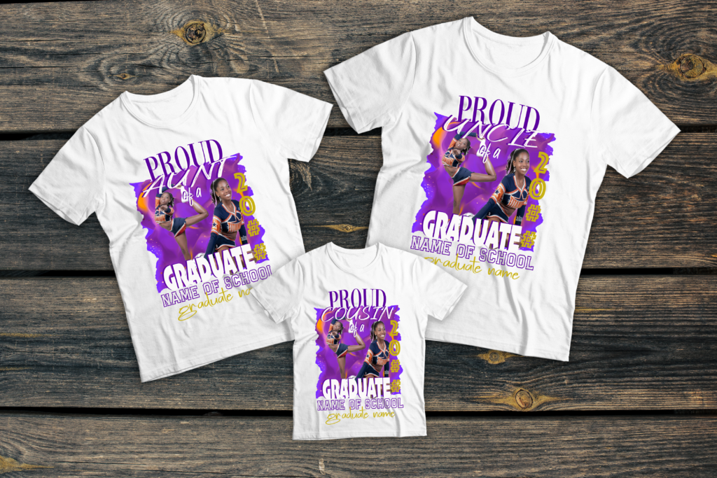 Custom white family graduation t-shirt set showing Proud Aunt, Proud Uncle, and Proud Cousin styles with purple cheerleader graduate graphic design, personalized with school name and graduate name