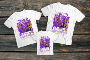 Custom white family graduation t-shirt set showing Proud Aunt, Proud Uncle, and Proud Cousin styles with purple cheerleader graduate graphic design, personalized with school name and graduate name