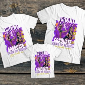 Custom white family graduation t-shirt set showing Proud Aunt, Proud Uncle, and Proud Cousin styles with purple cheerleader graduate graphic design, personalized with school name and graduate name
