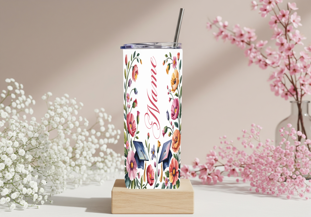 Custom personalized graduation skinny tumbler with watercolor floral design, graduation caps, and cursive name in pink on a white background, displayed with a metal straw on a wooden stand surrounded by pink and white flowers