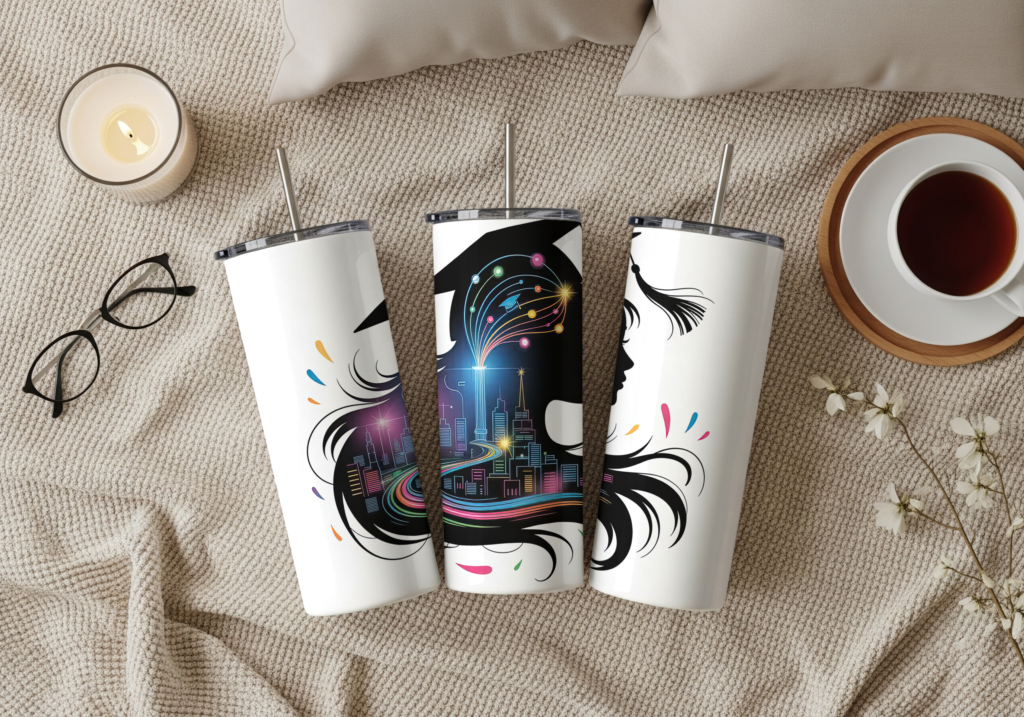 White skinny graduation tumbler showing three views of a bold female graduate silhouette wearing a graduation cap with flowing hair, colorful neon city skyline scene, and vibrant rainbow light trails on a white background, displayed with a metal straw