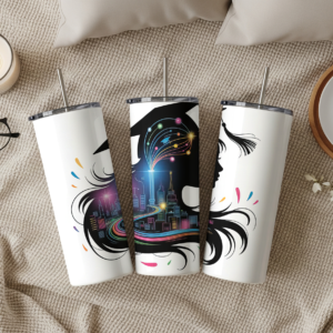 White skinny graduation tumbler showing three views of a bold female graduate silhouette wearing a graduation cap with flowing hair, colorful neon city skyline scene, and vibrant rainbow light trails on a white background, displayed with a metal straw
