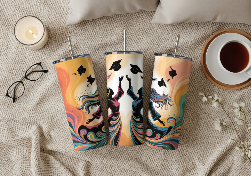 Three views of a 20oz slim stainless steel graduation tumbler featuring colorful silhouettes of female graduates tossing caps in the air, surrounded by vibrant rainbow swirl designs on a warm golden and white background.