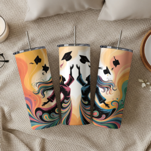 Three views of a 20oz slim stainless steel graduation tumbler featuring colorful silhouettes of female graduates tossing caps in the air, surrounded by vibrant rainbow swirl designs on a warm golden and white background.