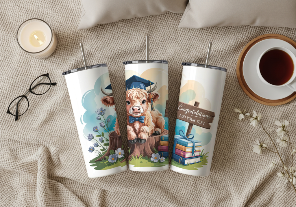 Custom personalized graduation skinny tumbler showing three views of an adorable illustrated Highland cow wearing a navy graduation cap and blue bow tie, sitting on a tree stump surrounded by wildflowers and stacked books, with a customizable congratulations wooden sign on a soft pastel background