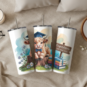 Custom personalized graduation skinny tumbler showing three views of an adorable illustrated Highland cow wearing a navy graduation cap and blue bow tie, sitting on a tree stump surrounded by wildflowers and stacked books, with a customizable congratulations wooden sign on a soft pastel background