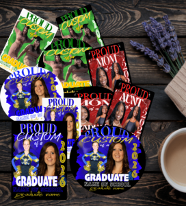 Custom graduation sticker set displaying rectangle and circle shapes in multiple school colors — blue and gold, green and gold, and red and black — featuring personalized graduate photos, names, school, and "Proud Mom," "Proud Aunt," and "Proud Graduate" designs for Class of 2026