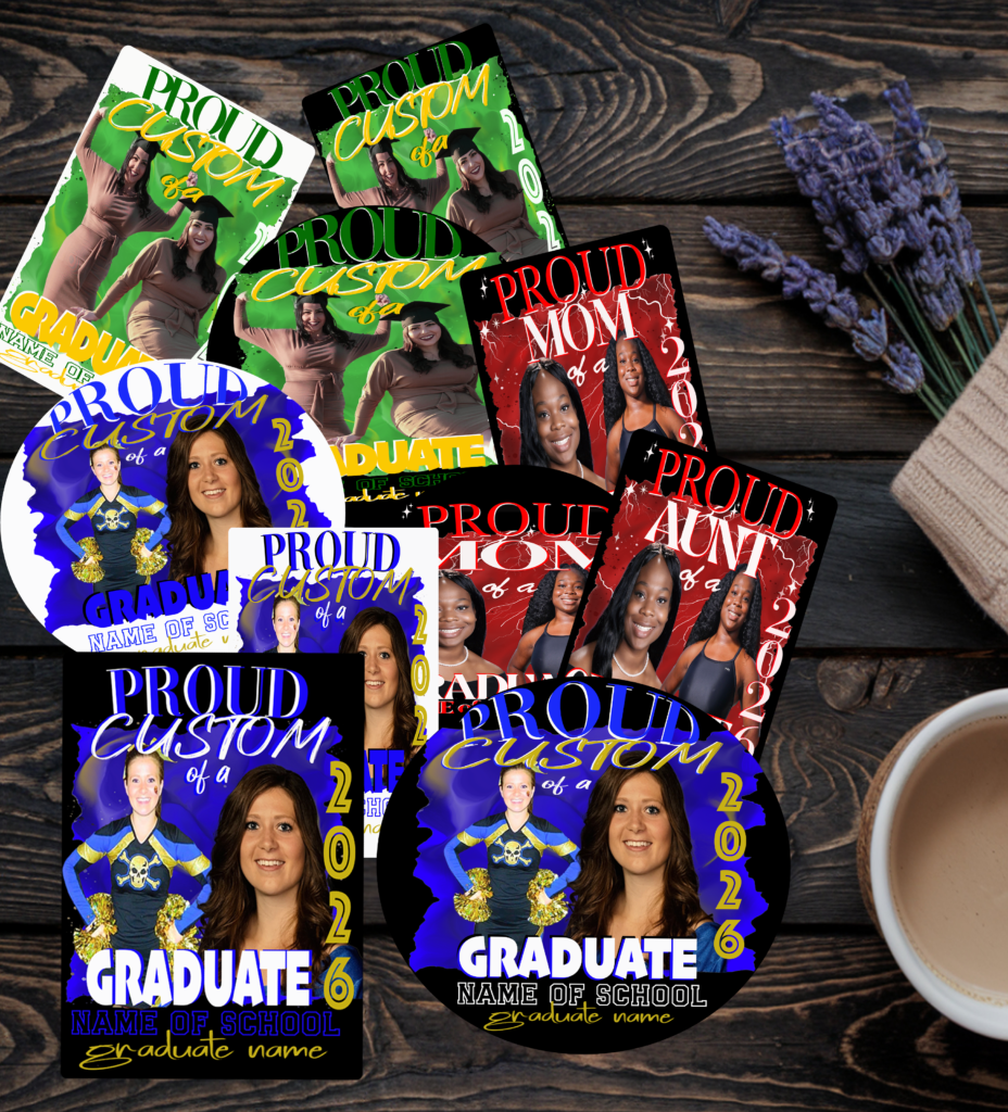 Custom graduation sticker set displaying rectangle and circle shapes in multiple school colors — blue and gold, green and gold, and red and black — featuring personalized graduate photos, names, school, and "Proud Mom," "Proud Aunt," and "Proud Graduate" designs for Class of 2026