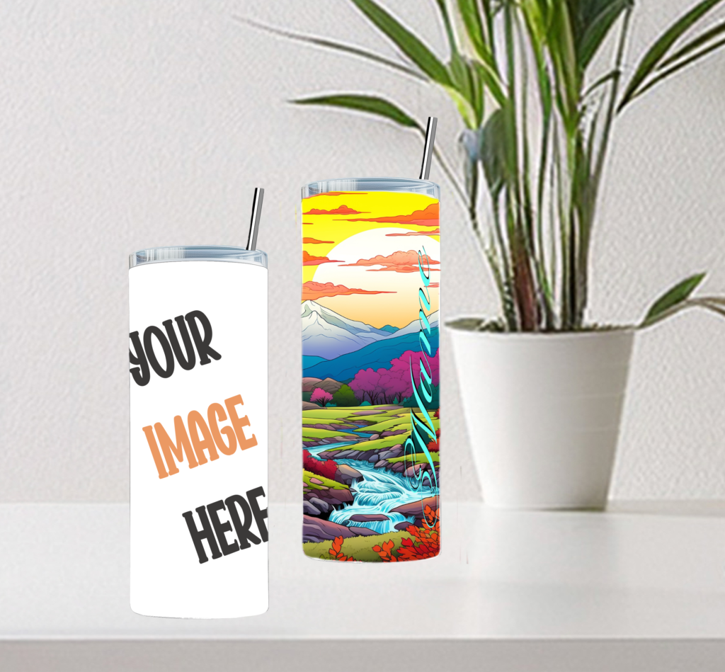 Two 20oz skinny tumblers displayed on a shelf: one with a customizable “Your Image Here” design and the other featuring a colorful mountain sunset landscape wrap.