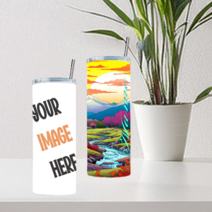 Two 20oz skinny tumblers displayed on a shelf: one with a customizable “Your Image Here” design and the other featuring a colorful mountain sunset landscape wrap.