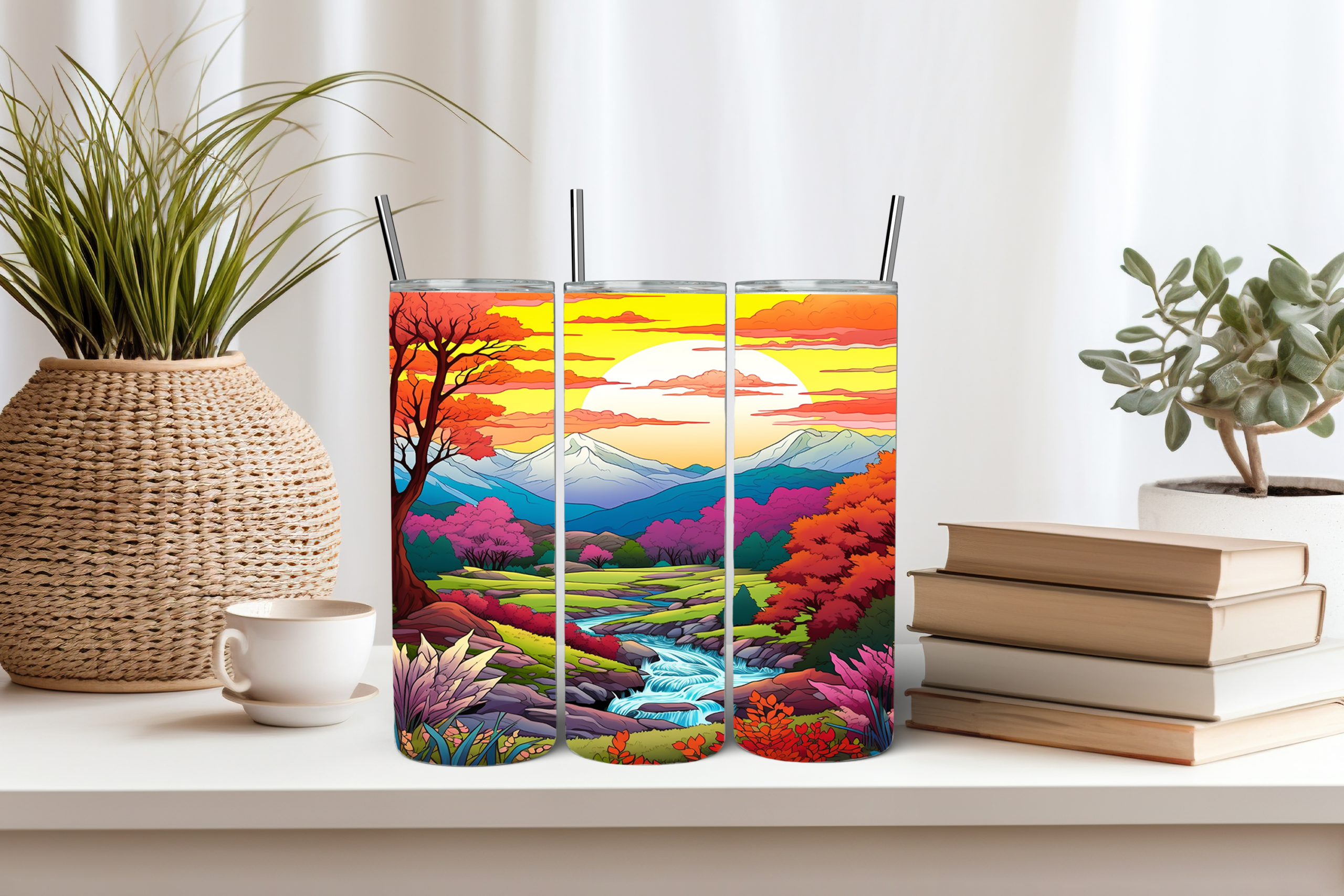 Three images of a 20oz skinny tumblers featuring a vibrant mountain sunset landscape design with trees, flowing river, and colorful sky wrapped around the tumbler, displayed on a shelf with plants and books.