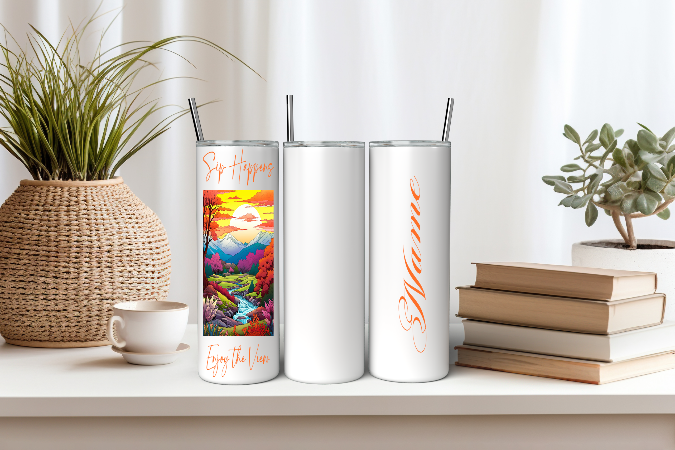 Three images of 20oz skinny tumblers displayed on a shelf: one side features a colorful sunset mountain landscape with the phrase “Sip Happens” and “Enjoy the View,” and the other side features a personalization text "Name" to show the ability for customization.