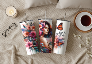 Mom's Hugs Heal skinny tumbler with watercolor floral woman portrait and monarch butterfly design - sentimental Mothers Day gift tumbler