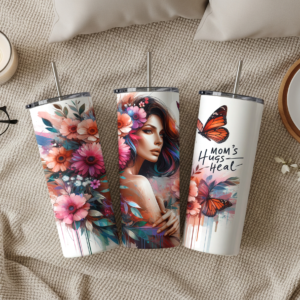 Mom's Hugs Heal skinny tumbler with watercolor floral woman portrait and monarch butterfly design - sentimental Mothers Day gift tumbler