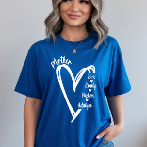 Custom blue Mother shirt with white heart graphic and personalized kids names - personalized Mothers Day gift tee