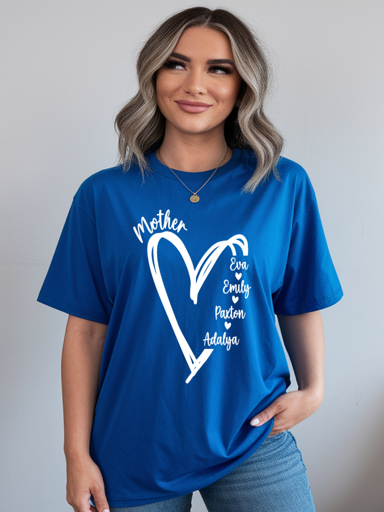Custom blue Mother shirt with white heart graphic and personalized kids names - personalized Mothers Day gift tee