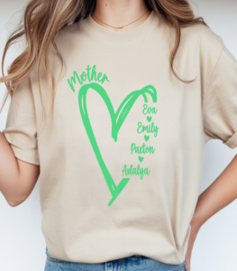 Custom sand colored Mother shirt with Green heart graphic and personalized kids names - personalized Mothers Day gift tee