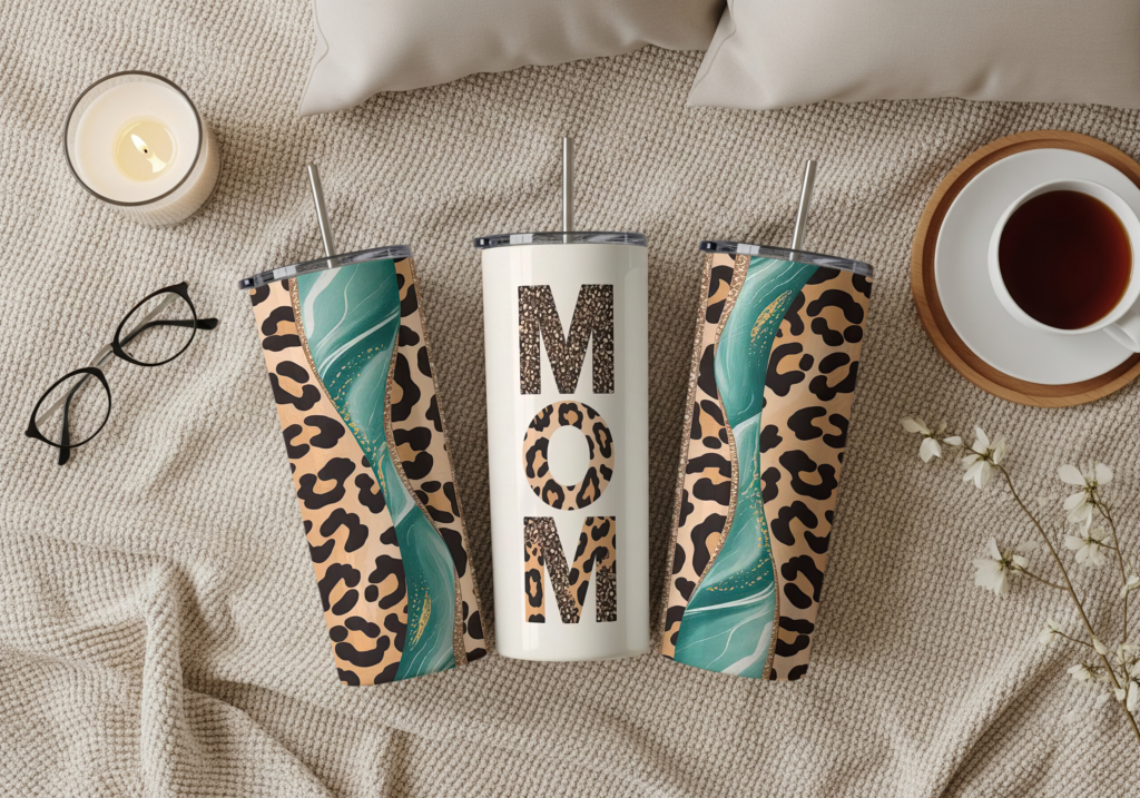 Custom Mom tumbler with cheetah print and mint marble design - leopard print stainless steel skinny tumbler gift for mom