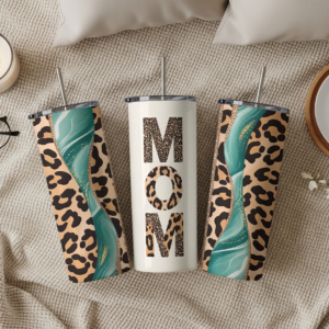 Custom Mom tumbler with cheetah print and mint marble design - leopard print stainless steel skinny tumbler gift for mom